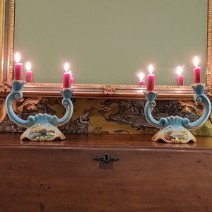 Pair of 1950s Pereiras Valado ceramic two-arm candle holders hand-painted scenes